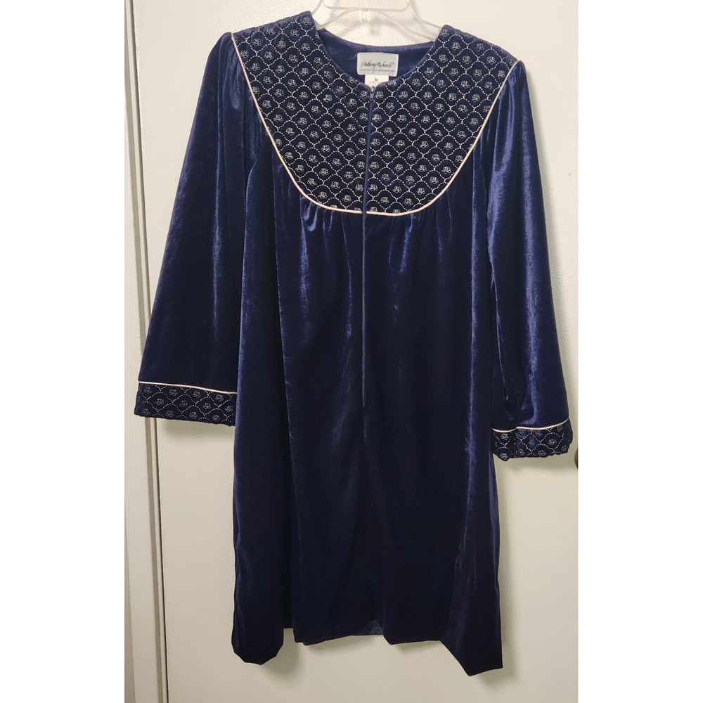 Anthony Richards Velvet Knee Length House Coat Robe Med Embroidered Blue 1/2 Zip